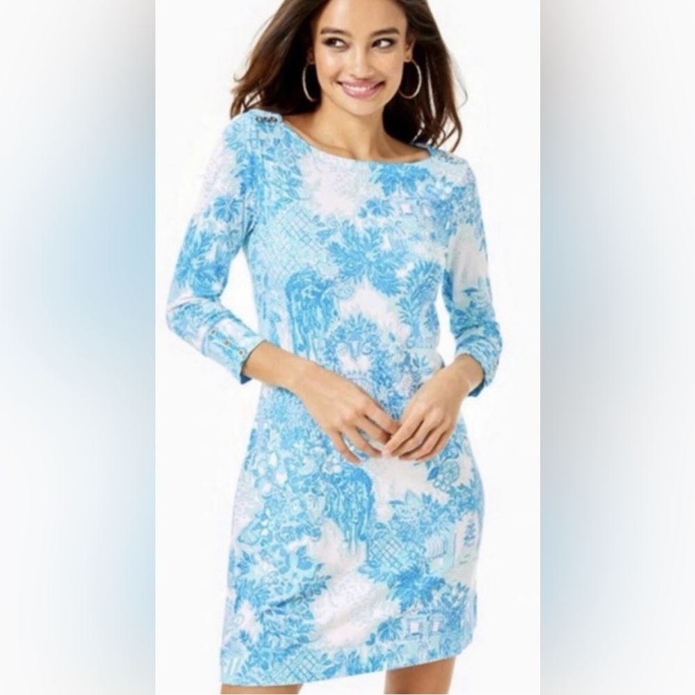 Lilly Pulitzer Blue “Toile Me About It” Sophie Dress White 3/4 Sleeve UPF 50